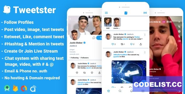 Tweetster v1.0 - Twitter clone social network app Follow Chat Tweet Live android studio