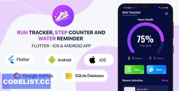 Run Tracker, Step Counter and Water Reminder v1.4 - Flutter Android & iOS App (20 Languages)