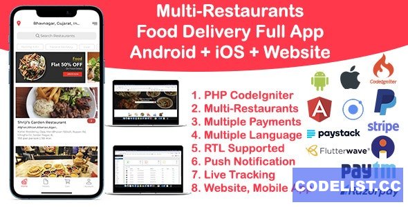 Food Delivery Multi Restaurant Ionic 5 + CodeIgniter (Android + iOS + Website + Admin) v1.0